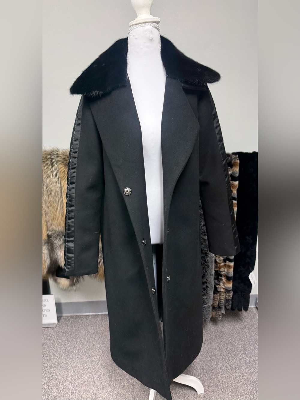 Women's Black Long Trench Coat with removable mink Fur Collar
